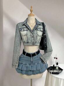 Elamini Áo khoác denim nữ dáng ngắn, thời trang thường ngày, kiểu dáng đường phố, có túi nắp gập cài khuy. - Màu xanh bụi bặm - Xem 5