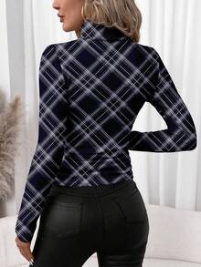 SHEIN Clasi Women's Casual Minimalist Turtleneck T-Shirt, Navy Blue Plaid Print Pattern - Multicolor - View 2