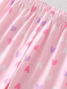 Young Girls Pink Heart Pattern Lapel Cardigan Short Sleeve Pajama Set - Pink - View 6