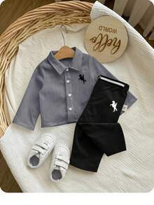 新生男宝宝休闲可爱百搭白色长袖衬衫和裤子套装 - 灰色 - 查看 3