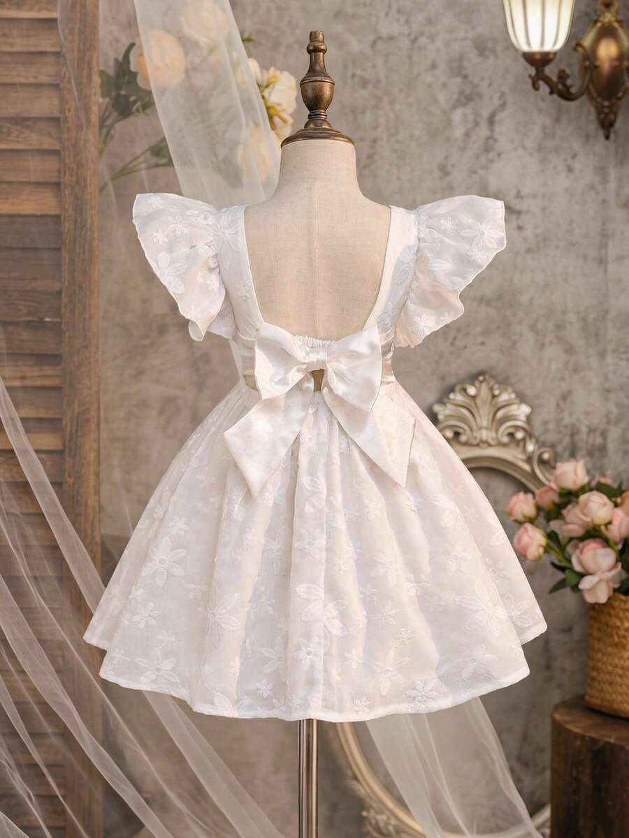 SHEIN 优雅少女花卉刺绣蝴蝶结短袖连衣裙 白色蝴蝶结连衣裙 适合女孩参加茶会 象牙色连衣裙 - 白色 - 查看 1
