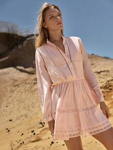 MOTF STUDIO 女士天丝亚麻拼接蕾丝边松紧腰短连衣裙