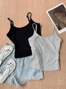 SHEIN EZwear 2件装女士休闲日常通勤简约纯色吊带背心，细肩带设计，基础款吊带衫，夏季上衣，女士背心，女士吊带衫，女士上衣，夏季女士上衣 - 彩色 - 查看 5