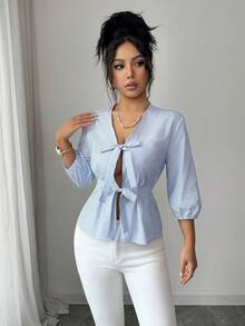 Elenzga 优雅女士条纹衬衫，系带前襟，蝴蝶结，荷叶边，收腰设计，七分灯笼袖，休闲/度假风，春夏款，时尚蓝色 - 藍色 - 查看 4