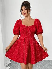 Elenzga Robe courte grande taille pour femme, tissu rouge à imprimé 3D, taille cintrée, mini-jupe plissée, élégante et à la mode, idéale pour une sortie romantique en journée, une soirée entre copines ou un thé l'après-midi. Robe courte épaules dénudées polyvalente. - Rouge - Voir 4