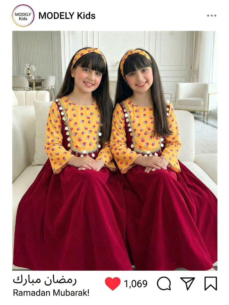 SHEIN Long-Sleeved Floral Print Sequin Abaya Arabic Muslim Young Girls Dresses Fitted Waist - Multicolor - View 1