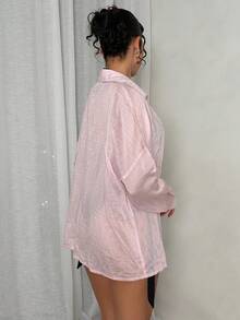 SHEIN Glamour Women's Light Pink Textured Long Sleeve Shirt,Bikini Set Bathing Suits,Autumn Casual Beach Vacation Holiday Modest Summer Solid Color Bikini - Pink - View 3