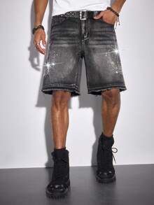 ROMWE MEN Street Life Men's Casual Washed Rhinestone Denim Shorts - Black - View 6