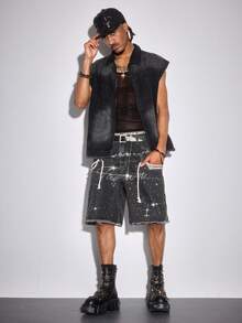 ROMWE MEN 男士带口袋做旧腰带水钻装饰牛仔短裤 - 灰色 - 查看 9