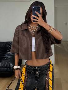 Coolane Women's Spring/Summe Vintage Preppy Crop Plaid Loose Crop Tops Red Shirt For New Years - Coffee Brown - View 3