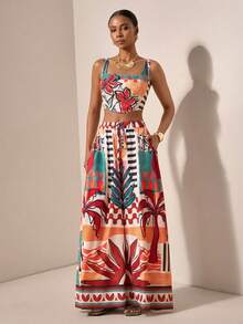 Zivah 2026 Spring/Summer New Music Festival, Easter, St. Patrick's Day, Valentine's Day, Date, Western, Nomadic, Casual, Vacation, Cruise Travel, Beach, Boho, Tropical Print Camisole Top And Wide Leg Pants 2 Pieces Set - Multicolor - View 1