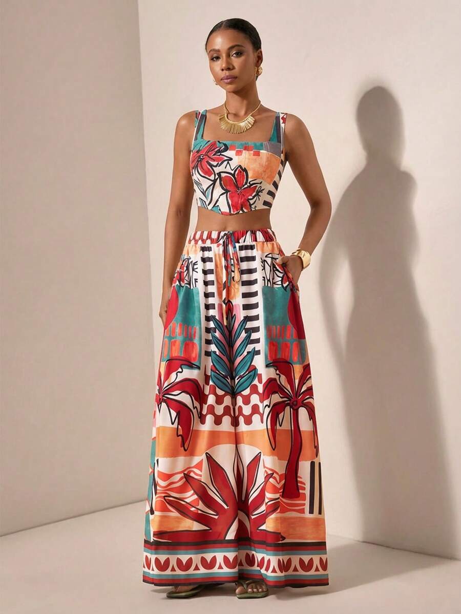 Zivah 2026 Spring/Summer New Music Festival, Easter, St. Patrick's Day, Valentine's Day, Date, Western, Nomadic, Casual, Vacation, Cruise Travel, Beach, Boho, Tropical Print Camisole Top And Wide Leg Pants 2 Pieces Set - Multicolor - View 1