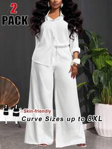 SHEIN CURVE+ Curve 尺码 US22 音乐节、海滨度假、波西米亚风 2026 春夏新款优雅通勤/度假休闲/日常户外 纯白色宽松长袖常规衬衫上衣和宽松阔腿超长裤 女装两件套 - 白色 - 查看 7