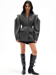 Aveloria Affinna 宽松休闲通勤百搭超宽肩廓形收腰纯色西装外套 - 灰色 - 查看 6