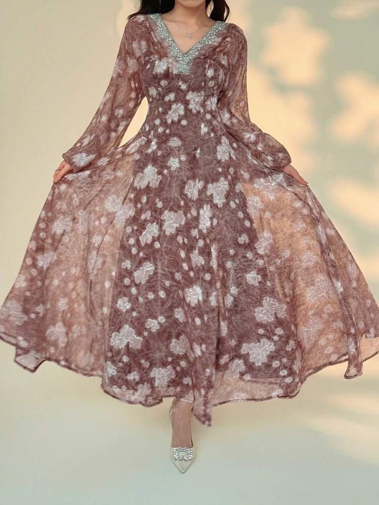 Women's Elegant Floral Print V-Neck Lantern Sleeve Waist Cinched Long Dress, Suitable For Party And Banquet, Spring/Autumn