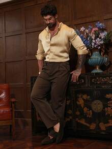 DAZY 杏色亮面休闲长袖衬衫，男士春夏款 - 杏色 - 查看 5