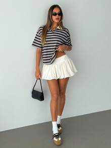 Aloruh Women's Casual Oversized Polo Collar Blue And White Striped T-Shirt,Spring, Going Out Top,Back To School, Retro Casual Style - Multicolor - View 4