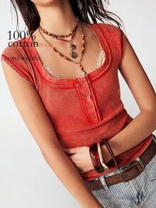 Bohemela Áo thun nữ cổ vuông, màu trơn, dáng ôm, chất liệu vải mài, kiểu dáng thường ngày. - Đỏ - Xem 4