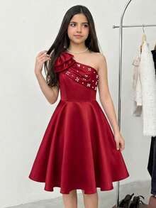 少女优雅奢华红色3D蝴蝶结串珠腰部A字中长连衣裙，适合派对、晚宴、正式场合，红色连衣裙，情人节。 - 紅色 - 查看 10