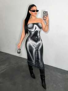 SHEIN SXY Polka Dot Print Fitted Sexy Mid-Length Dress,Carnival,Party,Rave Outfit ,Summer, Spring,Going Out,Y2K, Going Out - Black and White - View 4