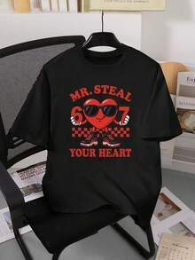 男童时尚休闲酷炫 Six Seven 67 爱心印花短袖圆领T恤，卡通太阳镜爱心图案黑色上衣，外套，情人节套装 - 黑色 - 查看 3