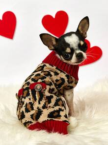 PETSIN 红色豹纹蝴蝶结宠物毛衣 – 秋冬新款宠物服装，适合泰迪犬和金毛寻回犬等大型犬 - 紅色 - 查看 3