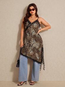 Elaquor Vestido camisero de moda con estampado de leopardo y encaje asimétrico para mujer de talla grande - Multicolor - Ver 5