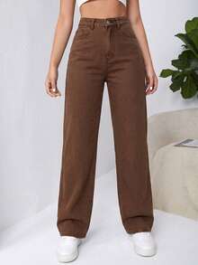 SHEIN EZwear High Waist Slant Pocket Boyfriend Baggy Jeans Brown Pants Women Pants Brown Jeans Wide Leg Pants High Waist Pants - Coffee Brown - View 3