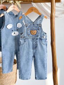 Baby Boys' Fashion Bear Patch Denim Bib Pants - Medium Wash - View 8