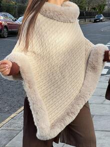 NegzBox Turtleneck Fuzzy Trim Batwing Sleeve Poncho Sweater - Aprikot - View 3
