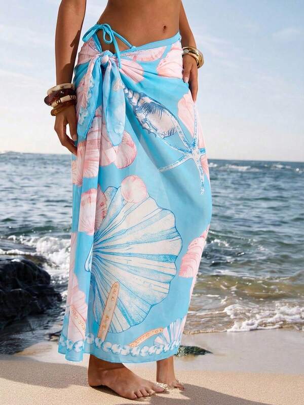 Opulessa Women's Beach Vacation Style Shell Print Twist Front Cover-Up & Skirt Set