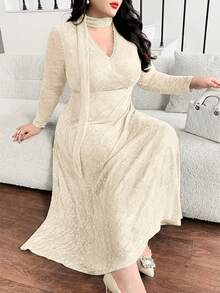Feyla Plus Size Elegant Contrast Lace V-Neck Waist Cinched Dress, Autumn - Apricot - View 5