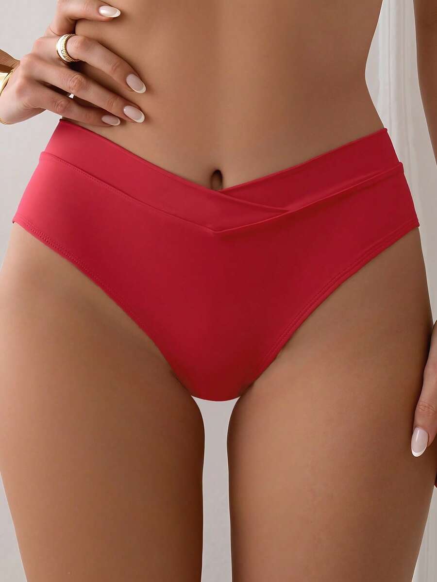 SHEIN Swim Women Summer Beach Solid Color Casual Bikini Bottom - Red - View 1