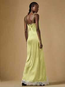 Briarwyn Women's Spaghetti Strap Black Lace Patchwork High Slit Hem Dress - Yellow - View 2