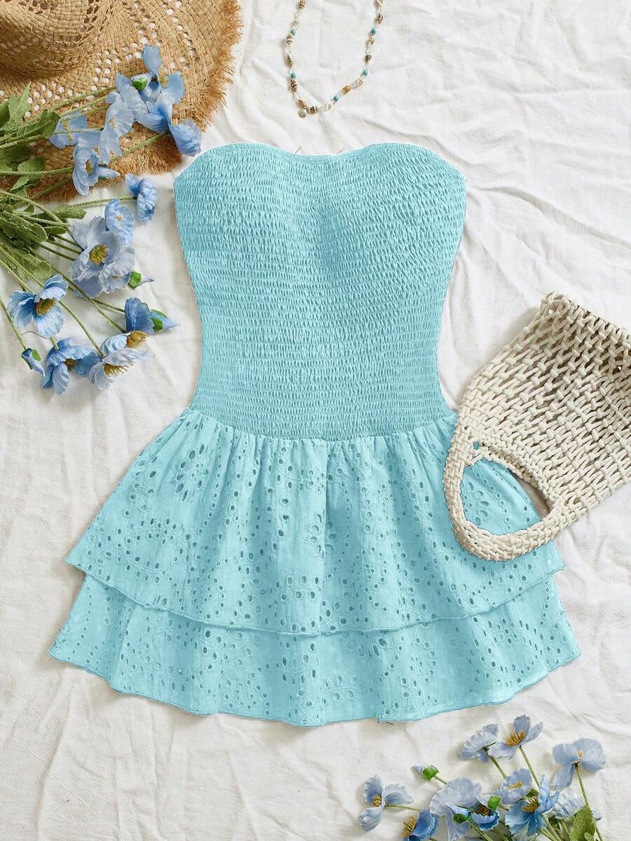 SHEIN Unity Navy Blue Vacation Style Pleated Sleeveless Halter Sexy Cinched Waist Hollow Embroidered Ruffle Hem Elegant Dress - Mint Blue - View 1