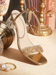 CUCCOO TILAWA Women's Fashion Crystal Embellished Square Toe Chunky Heel Sandals - Champagne - View 6