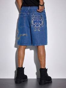 ROMWE MEN 男士夏季休闲龙纹刺绣斜插口袋牛仔短裤 - 藍色 - 查看 1