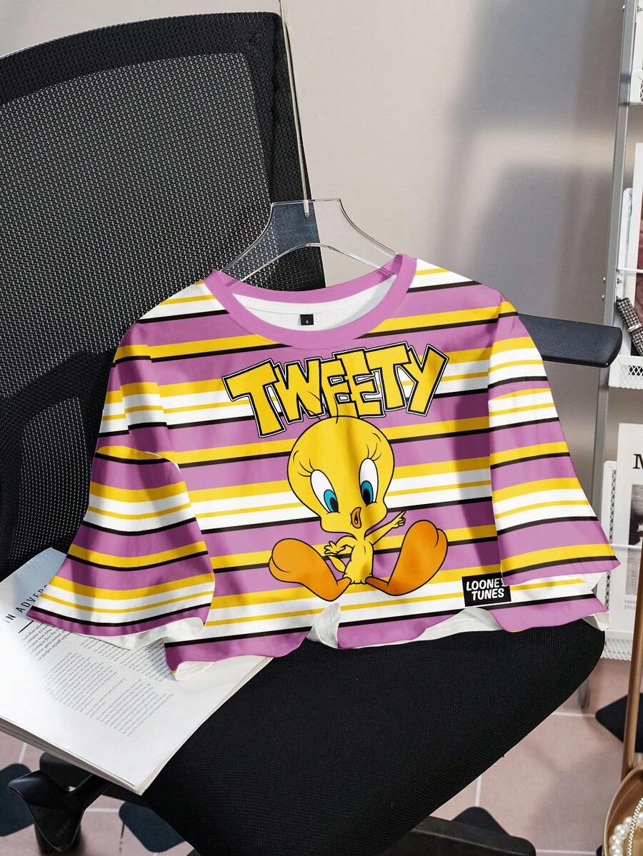 LOONEY TUNES X SHEIN Women's Casual Striped Cartoon Graphic Short Sleeve Cropped T-Shirt, Summer - White - View 1