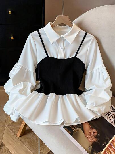 GlowEve CURVE 大码女式翻领纽扣二合一拼接时尚通勤灯笼袖衬衫