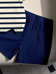 SHEIN 1 Set Baby Boys Casual Stylish Minimalist Polo Style Black & White Striped And Knight Logo Print Round Neck Short Sleeve T-Shirt And Matching Shorts Outfit, Toddler Outdoor Suit - Multicolor - View 4