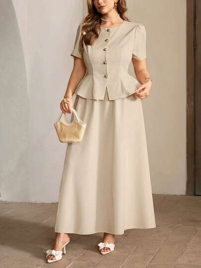 Roveilla 加大码梭织圆领羊腿袖短袖收腰喇叭下摆两件套