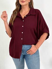 SHEIN Essnce 大码女装春夏时尚休闲宽松舒适日常百搭修身轻薄黑色纽扣衬衫，女士衬衫，工作上衣，教师衬衫，简约风格 - 酒紅色 - 查看 4