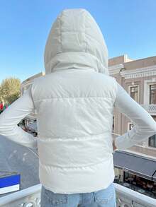 Women's Solid Color Zipper Front Drawstring Hooded Vest, Winter - White - View 2