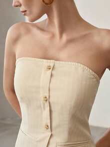 MOTF PREMIUM 2PCS WOMEN'S BUTTON-UP TUBE TOP & WIDE LEG PANTS SET, VERSATILE STYLING, ALL SEASON - Apricot - View 5