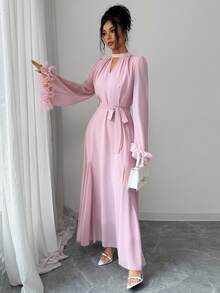 Yasmyna V-Neck Floral Lace Flare Sleeve Midi Dress For Women - Pink - View 8