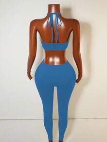 Mistrie 女士性感露背系带连体裤，简约纯色，度假风 - 淺藍色 - 查看 2