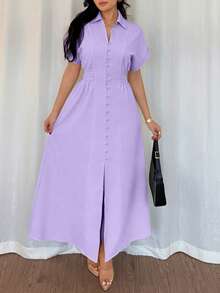 Rafferiza 女士休闲短袖衬衫裙，纽扣前襟设计，插肩袖，腰部收紧 - 紫色 - 查看 4