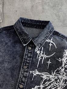 AXEPEAK Camisa vaquera de manga corta con estampado gráfico, de corte holgado y de una sola hilera de botones para hombre - Negro - Ver 4