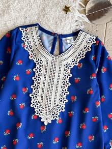 SHEIN 女童蓝色碎花长袖连衣裙，荷叶边设计，时尚优雅，适合日常穿着，春秋季 - 藍色 - 查看 5