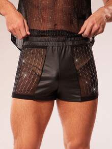 FeverCity 男士网眼PU水钻装饰休闲短裤 - 黑色 - 查看 1